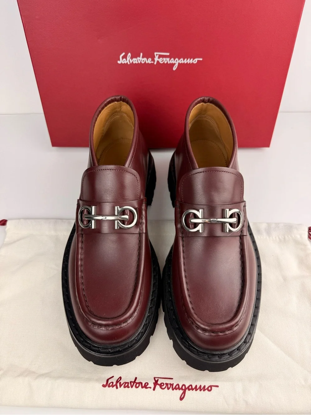 Salvatore Ferragamo Men’s Geffer 2 Gancini Leather Lug Sole Ankle Loafers 9.5M